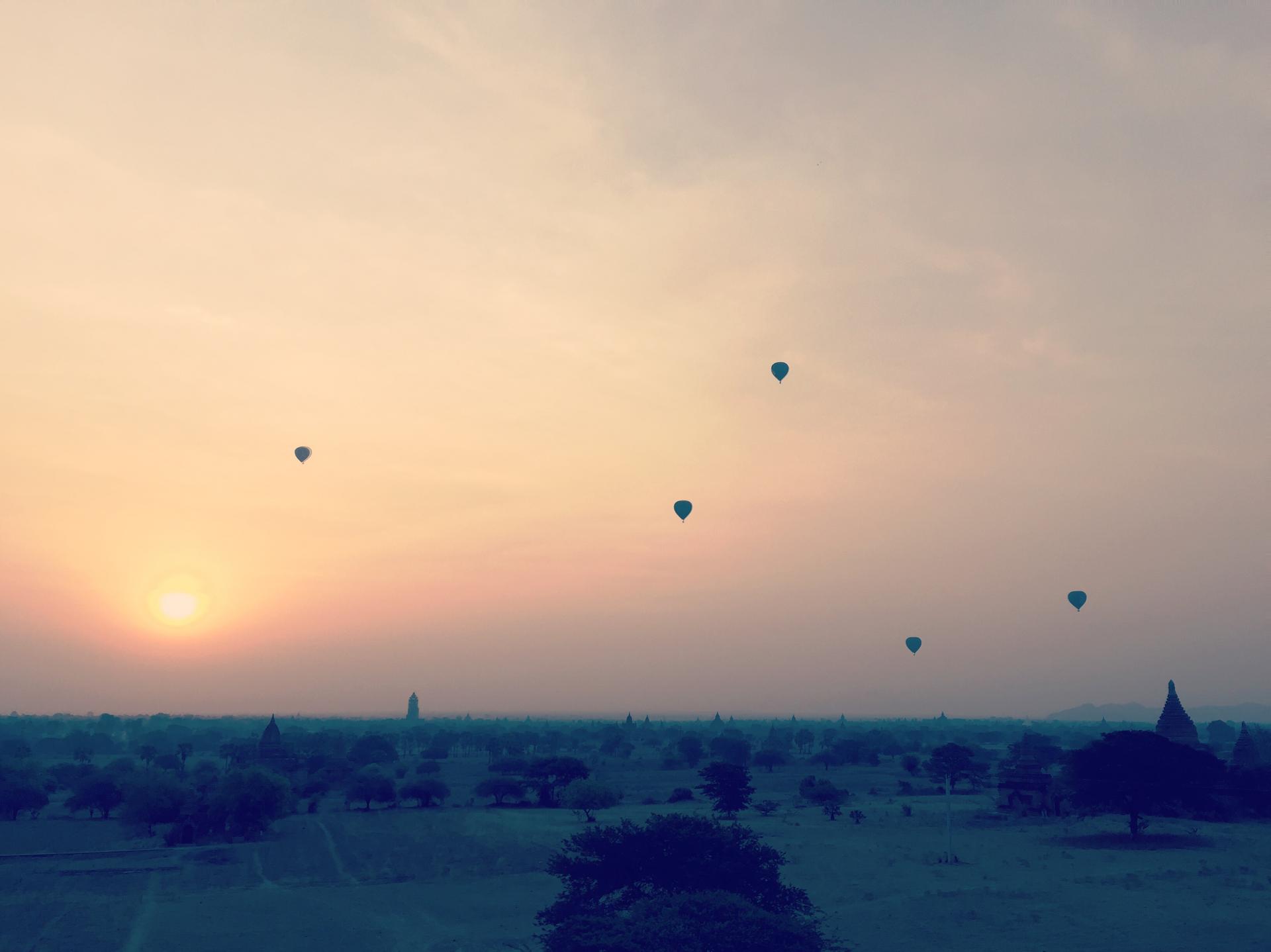 Hot air balloons over Bagan at sunrise